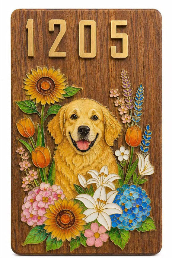 Paw & Petal Custom House Plaque - Golden Retriever with floral cloisonné enamel design